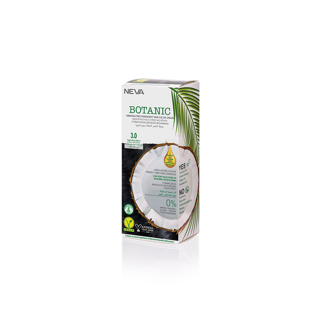 NEVA Botanic Ammonia-Free Permanent Hair Color Cream | Intense Dark Brown 3.0 Gray Coverage